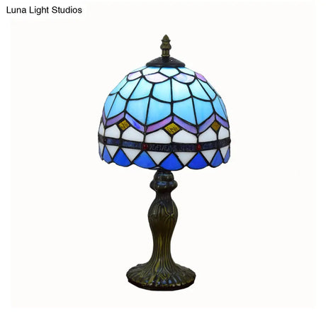 Mediterranean Dome Gridded Glass Table Lamp - Blue Nightstand Light For Living Room