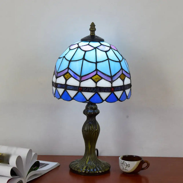 Mediterranean Dome Gridded Glass Table Lamp - Blue Nightstand Light For Living Room