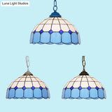 Mediterranean Dome Stained Art Glass Pendant Light In White/Blue/Bronze