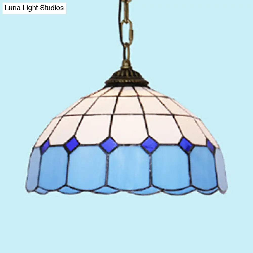 Mediterranean Dome Stained Art Glass Pendant Light In White/Blue/Bronze