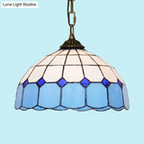 Mediterranean Dome Stained Art Glass Pendant Light In White/Blue/Bronze