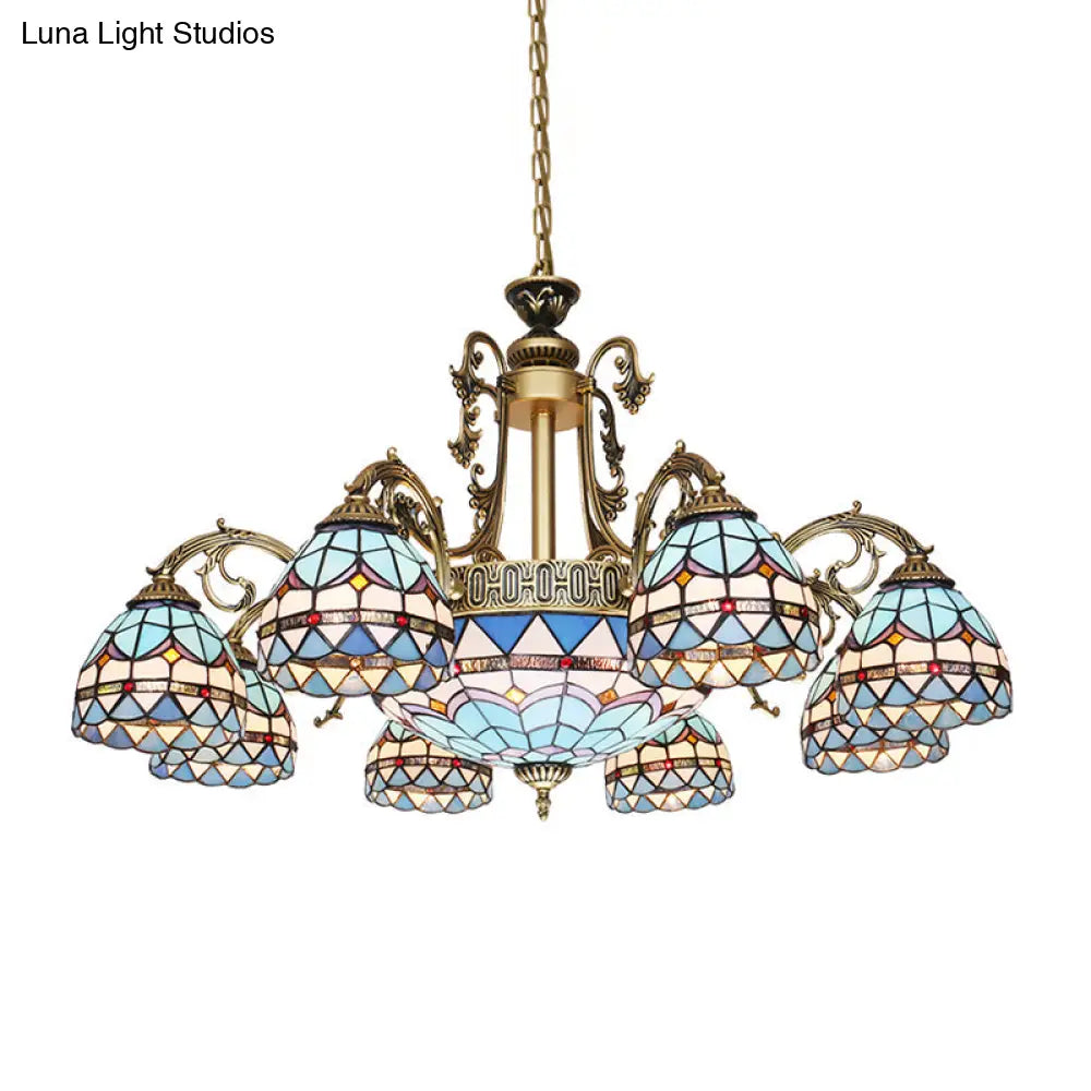 Mediterranean Dome Stained Glass Hanging Lamp in Blue 9/11 Lights Chandelier Fixture