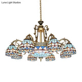 Mediterranean Dome Stained Glass Hanging Lamp in Blue 9/11 Lights Chandelier Fixture
