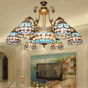 Mediterranean Dome Stained Glass Hanging Lamp in Blue 9/11 Lights Chandelier Fixture 9 / Blue