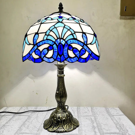 Mediterranean Dome Stained Glass Nightstand Lamp For Bedside Table Dark Blue
