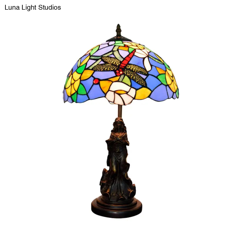 Mediterranean Dragonfly-Flower Table Lamp - Single Blue/Yellow/Blue-White Nightstand Light With