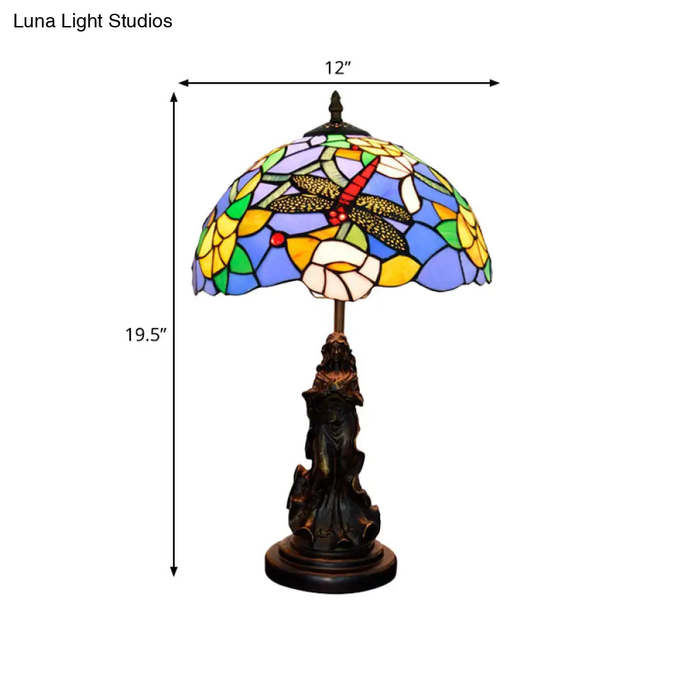Mediterranean Dragonfly-Flower Table Lamp - Single Blue/Yellow/Blue-White Nightstand Light With