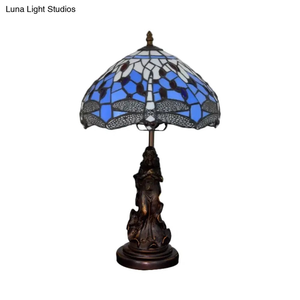 Mediterranean Dragonfly-Flower Table Lamp - Single Blue/Yellow/Blue-White Nightstand Light With