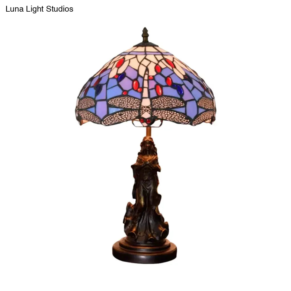 Mediterranean Dragonfly-Flower Table Lamp - Single Blue/Yellow/Blue-White Nightstand Light With