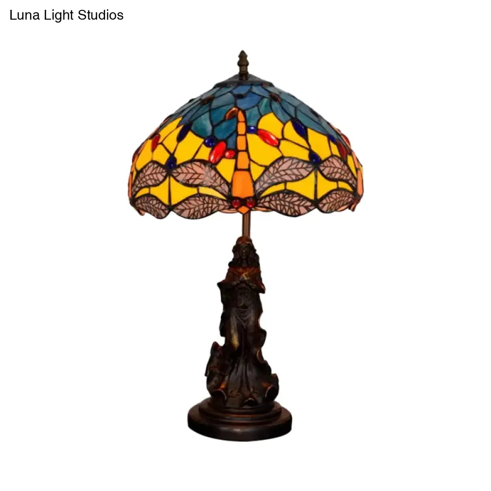 Mediterranean Dragonfly-Flower Table Lamp - Single Blue/Yellow/Blue-White Nightstand Light With