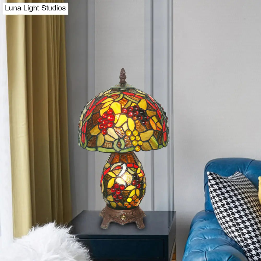 Mediterranean Glass Table Lamp With Grapes Pattern Coffee Hand Cut Night Lighting & Dome Shade