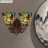 Mediterranean Glass Wall Sconce Lighting Pink/Blue Flared Design With Hand-Cut 2 Heads Fruit Pattern