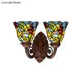 Mediterranean Glass Wall Sconce Lighting Pink/Blue Flared Design With Hand-Cut 2 Heads Fruit Pattern
