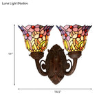Mediterranean Glass Wall Sconce Lighting Pink/Blue Flared Design With Hand-Cut 2 Heads Fruit Pattern