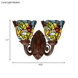 Mediterranean Glass Wall Sconce Lighting Pink/Blue Flared Design With Hand-Cut 2 Heads Fruit Pattern