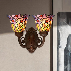 Mediterranean Glass Wall Sconce Lighting Pink/Blue Flared Design With Hand-Cut 2 Heads Fruit Pattern