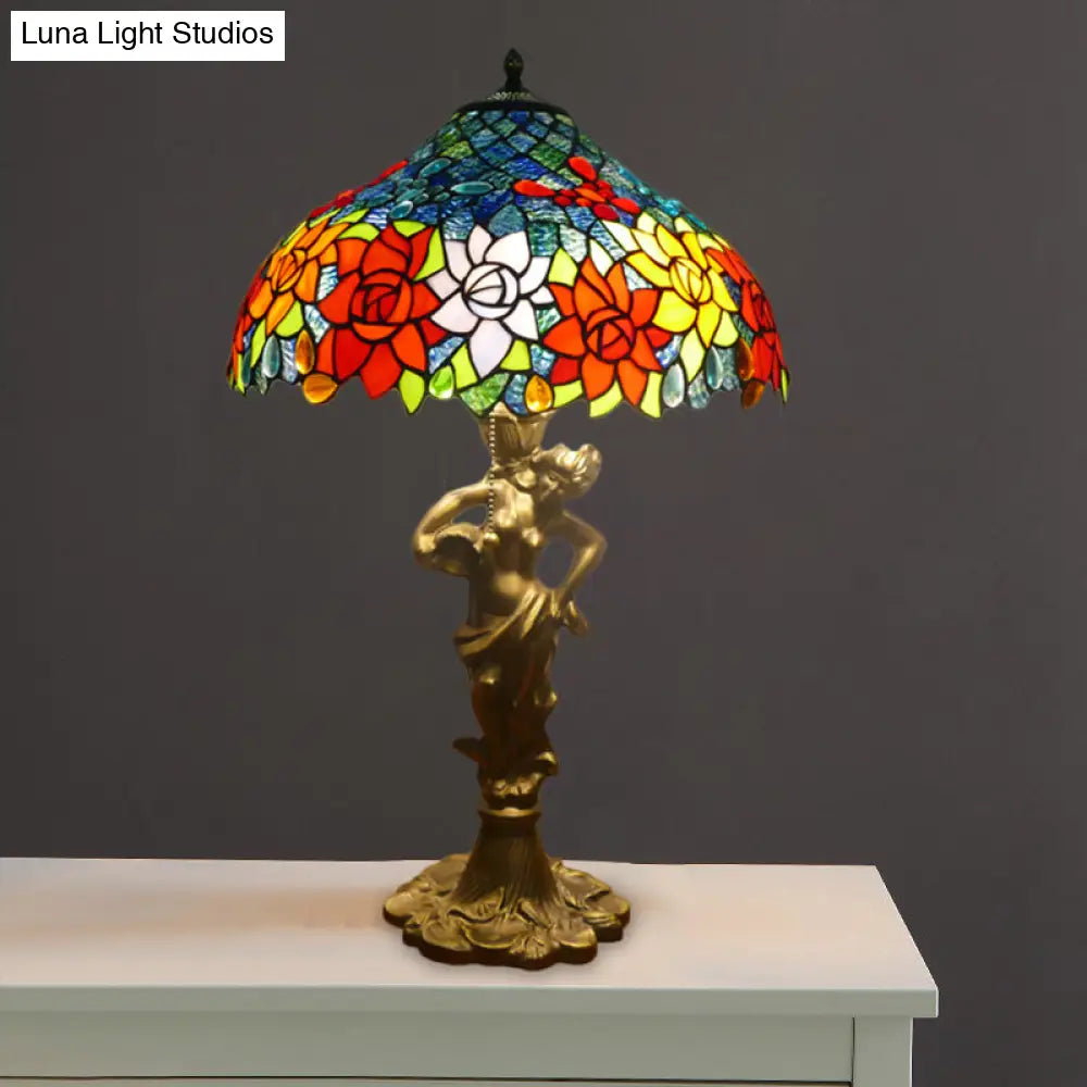Mediterranean Gold Bowl Night Lamp With Stunning Naked Woman Base - 3 Lights And Cut Glass Pull