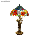 Mediterranean Gold Bowl Night Lamp With Stunning Naked Woman Base - 3 Lights And Cut Glass Pull