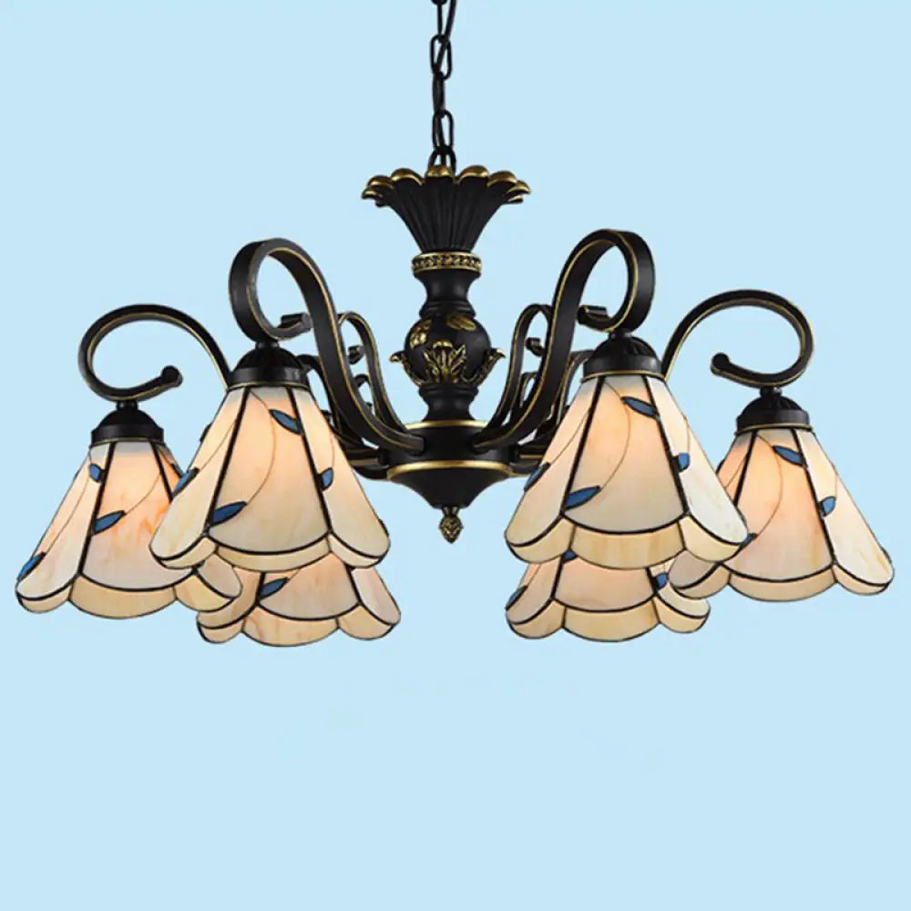 Mediterranean Hand Cut Glass Chandelier With 6 Conical Hanging Lamps & Scalloped Edges Beige