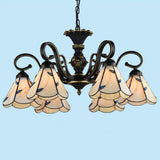 Mediterranean Hand Cut Glass Chandelier With 6 Conical Hanging Lamps & Scalloped Edges Beige