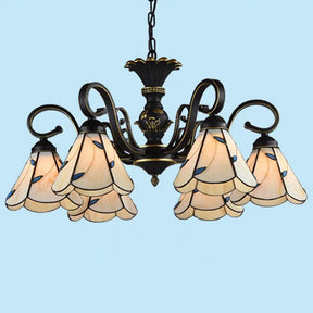 Mediterranean Hand Cut Glass Chandelier With 6 Conical Hanging Lamps & Scalloped Edges Beige