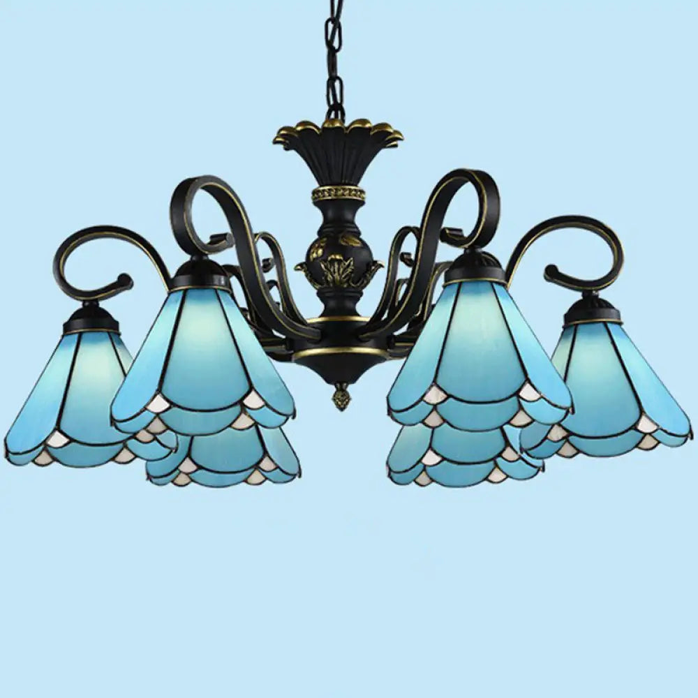 Mediterranean Hand Cut Glass Chandelier With 6 Conical Hanging Lamps & Scalloped Edges Blue