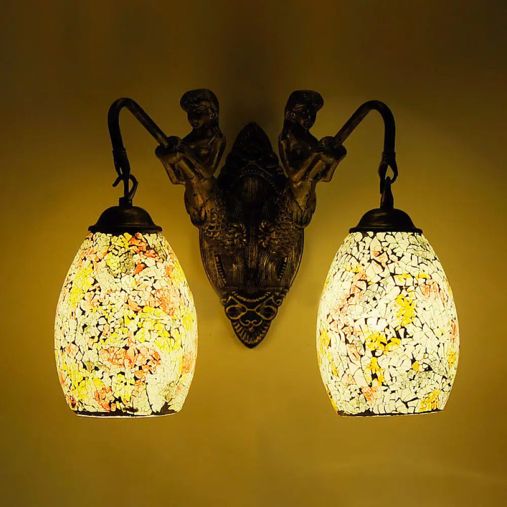 Mediterranean Mermaid Wall Lamp - Hand Cut Glass 2 Lights White/Red/Yellow Sconce Fixture