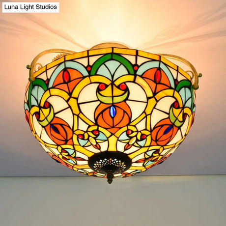 Mediterranean Orange Domed Cut Glass Ceiling Light Fixture With 3 Semi - Flush Lights
