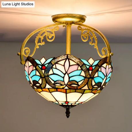 Mediterranean Petal Stained Glass Semi Flush Mount Ceiling Lamp 2 Lights Yellow/Brown/Blue - Ideal