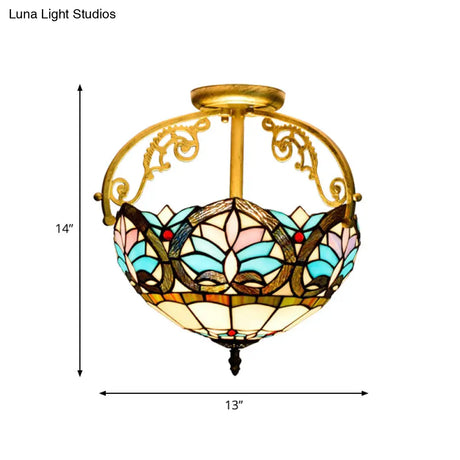 Mediterranean Petal Stained Glass Semi Flush Mount Ceiling Lamp 2 Lights Yellow/Brown/Blue - Ideal