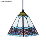 Mediterranean Purplish Blue Stained Glass Pendant Light For Bedroom Ceiling - Wide Flare Shade