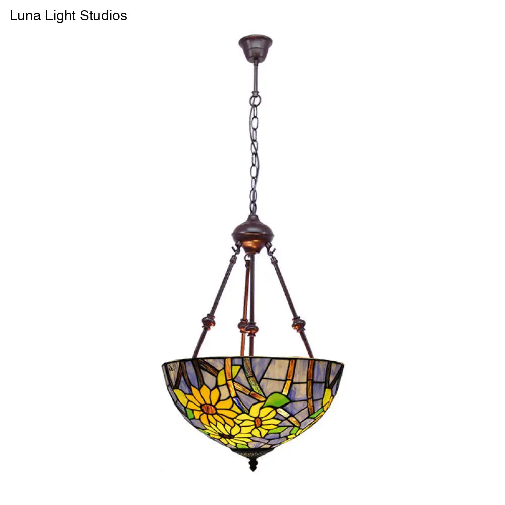 Mediterranean Red/Yellow/Orange Flower Stained Glass Kitchen Chandelier - 2-Light Ceiling Fixture