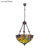 Mediterranean Red/Yellow/Orange Flower Stained Glass Kitchen Chandelier - 2-Light Ceiling Fixture