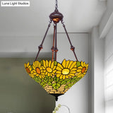 Mediterranean Red/Yellow/Orange Flower Stained Glass Kitchen Chandelier - 2-Light Ceiling Fixture