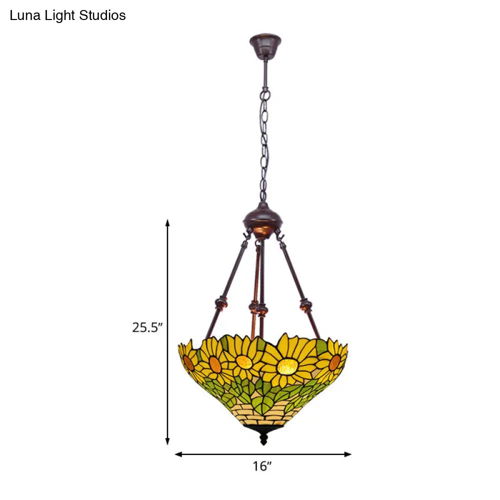 Mediterranean Red/Yellow/Orange Flower Stained Glass Kitchen Chandelier - 2-Light Ceiling Fixture