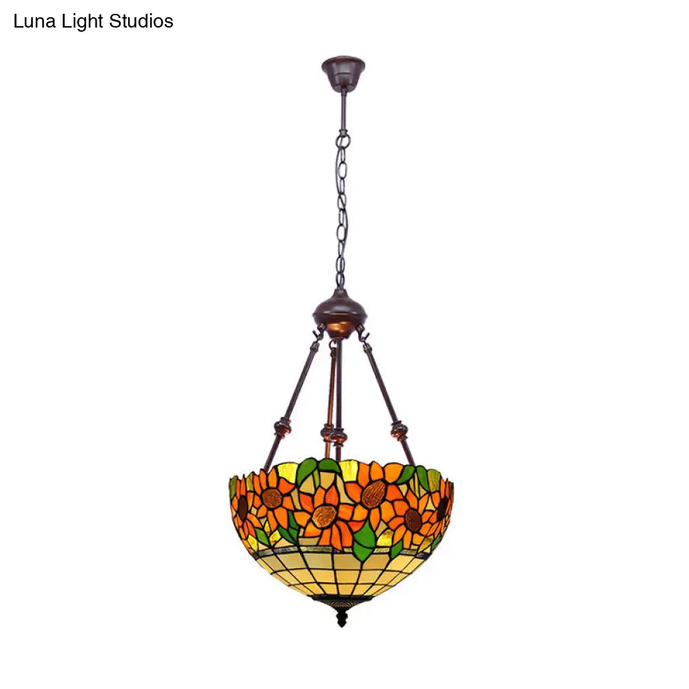 Mediterranean Red/Yellow/Orange Flower Stained Glass Kitchen Chandelier - 2-Light Ceiling Fixture