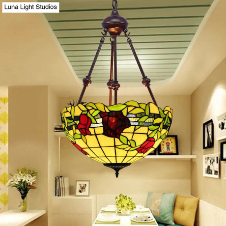 Mediterranean Stained Glass Bowl Ceiling Chandelier With 2 Red/Yellow/Green Pendant Lights