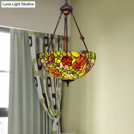 Mediterranean Stained Glass Bowl Ceiling Chandelier With 2 Red/Yellow/Green Pendant Lights