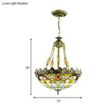 Mediterranean Stained Glass Chandelier - 3/4 Lights Yellow/Blue 12’/16’ W Kitchen Hanging Light Kit