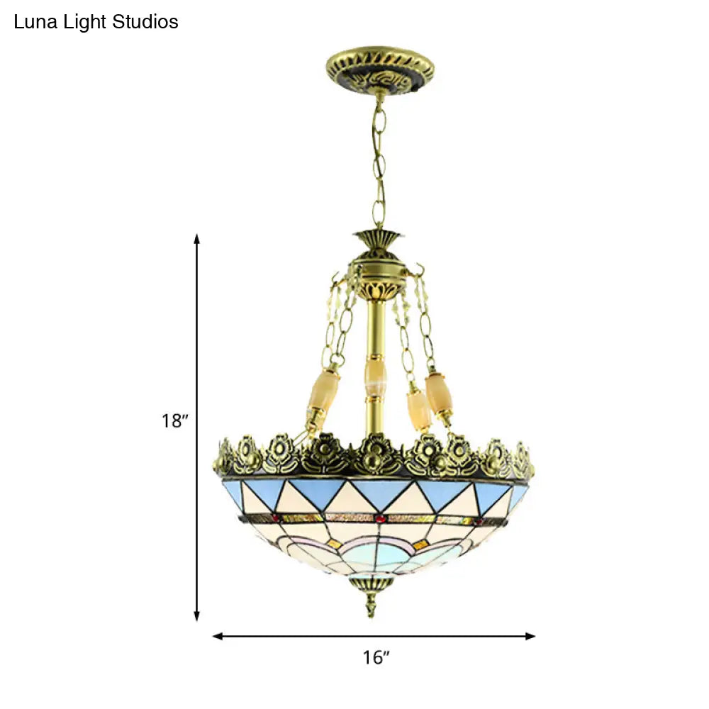 Mediterranean Stained Glass Chandelier - 3/4 Lights Yellow/Blue 12’/16’ W Kitchen Hanging Light Kit