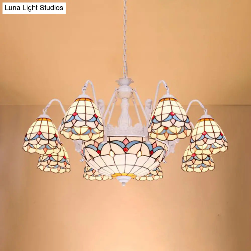 Mediterranean Stained Glass Dome Chandelier With 8/9/11 Lights - White Ceiling Pendant Light