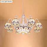 Mediterranean Stained Glass Dome Chandelier With 8/9/11 Lights - White Ceiling Pendant Light
