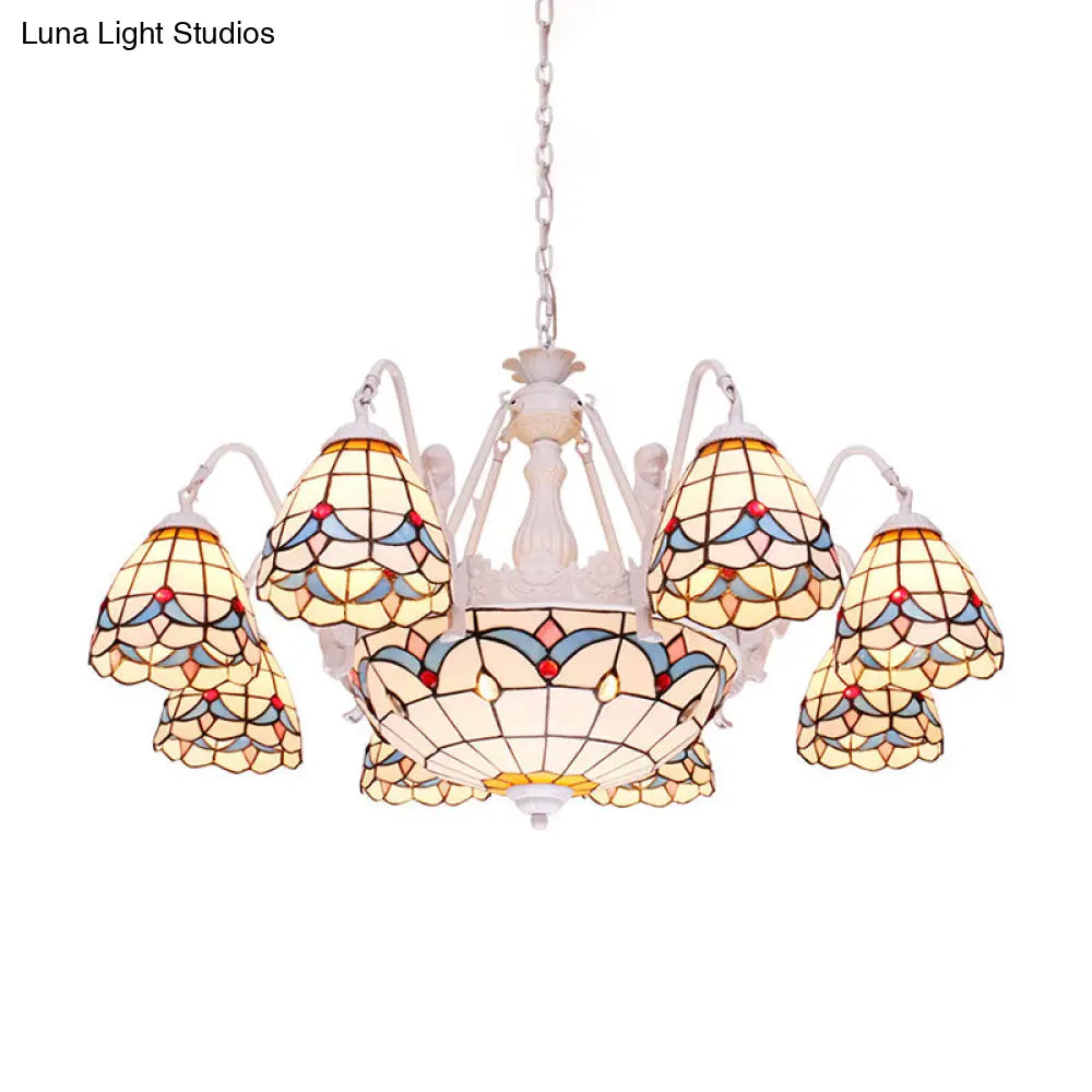 Mediterranean Stained Glass Dome Chandelier With 8/9/11 Lights - White Ceiling Pendant Light