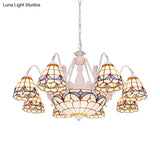 Mediterranean Stained Glass Dome Chandelier With 8/9/11 Lights - White Ceiling Pendant Light