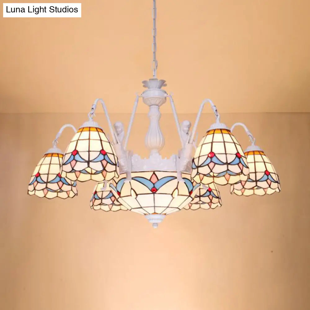 Mediterranean Stained Glass Dome Chandelier With 8/9/11 Lights - White Ceiling Pendant Light