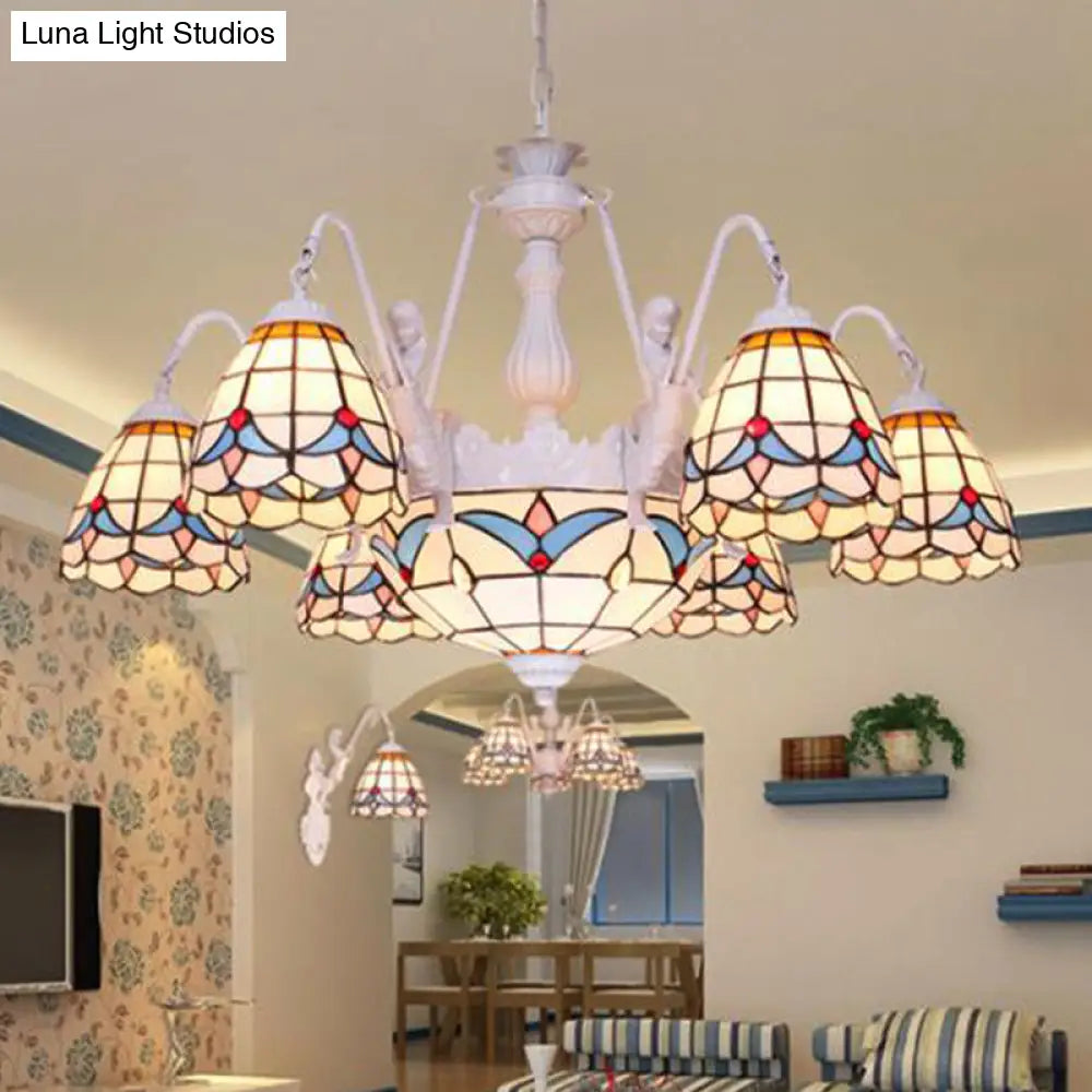 Mediterranean Stained Glass Dome Chandelier With 8/9/11 Lights - White Ceiling Pendant Light