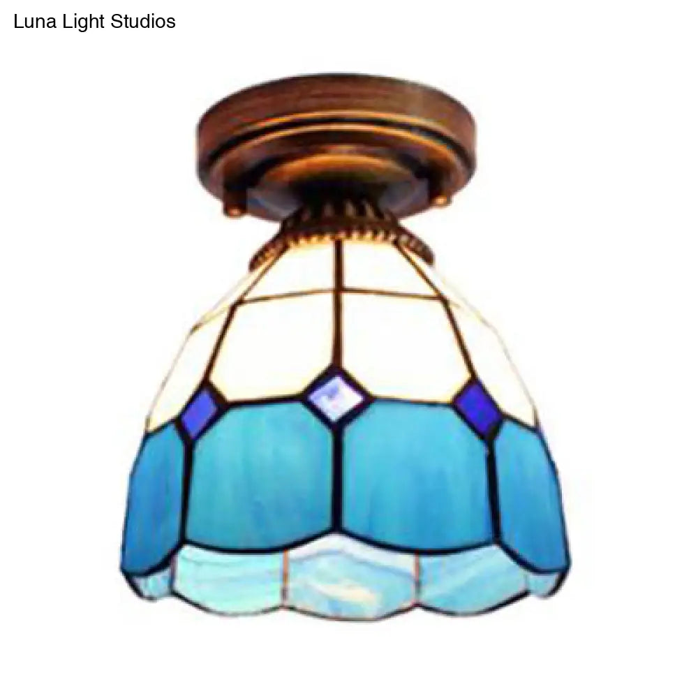 Mediterranean Stained Glass Dome Flush Light In Brass Finish With 1 & Stunning Geometric Patterns