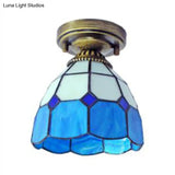 Mediterranean Stained Glass Dome Flush Light In Brass Finish With 1 & Stunning Geometric Patterns