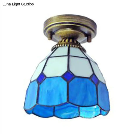 Mediterranean Stained Glass Dome Flush Light In Brass Finish With 1 & Stunning Geometric Patterns