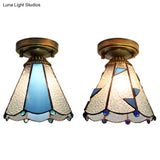 Mediterranean Stained Glass Dome Flush Light In Brass Finish With 1 & Stunning Geometric Patterns